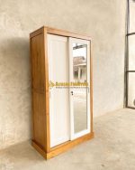Almari Pakaian Lemari Baju Model Minimalis 2 Pintu Sliding Plus Cermin Finishing Natural Kombinasi Duco Putih - Image 5