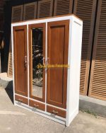 Lemari Pakaian Almari Baju Model Minimalis 3 Pintu Plus Cermin Finishing Duco Putih Kombinasi Natural