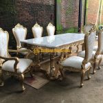 Set Kursi Makan Ukiran Klasik Finishing Gold Meja Top Marmer