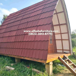 Jual rumah kayu model segitiga full dari kayu jati atap multiroof